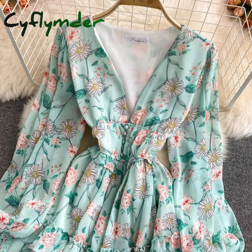 Cyflymder Autumn Women Floral Chiffon Mini Dress Sexy V-Neck Lantern Long Sleeve Ruffle Vestidos