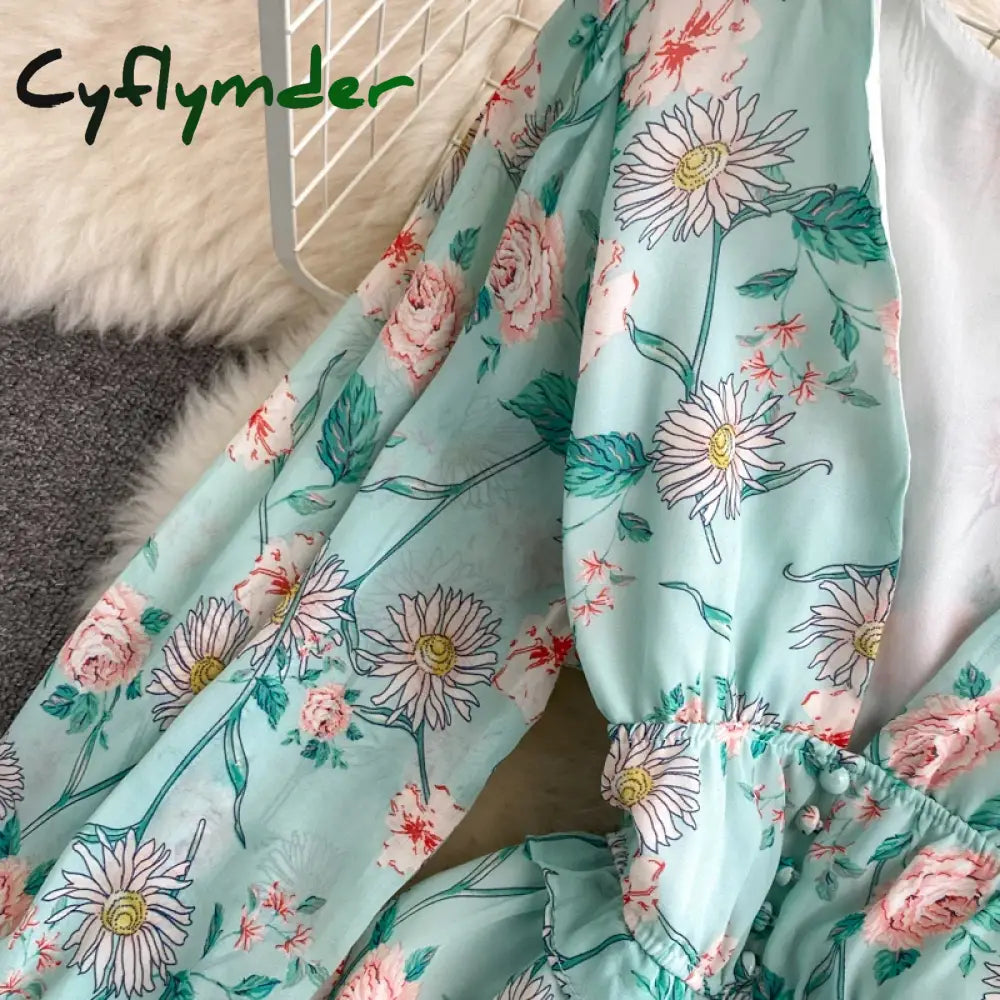 Cyflymder Autumn Women Floral Chiffon Mini Dress Sexy V-Neck Lantern Long Sleeve Ruffle Vestidos