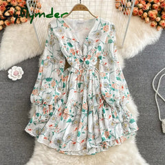 Cyflymder Autumn Women Floral Chiffon Mini Dress Sexy V-Neck Lantern Long Sleeve Ruffle Vestidos