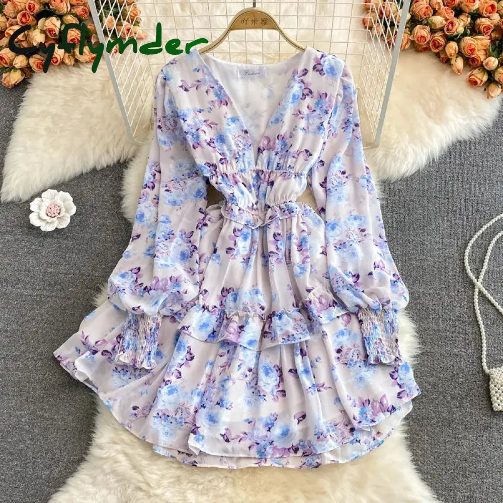 Cyflymder Autumn Women Floral Chiffon Mini Dress Sexy V-Neck Lantern Long Sleeve Ruffle Vestidos