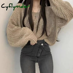 Cyflymder Autumn Women Hollow Out Solid Sweater Lantern Sleeve O-Neck Knitted Pullovers For Winter