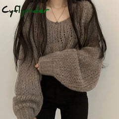 Cyflymder Autumn Women Hollow Out Solid Sweater Lantern Sleeve O-Neck Knitted Pullovers For Winter