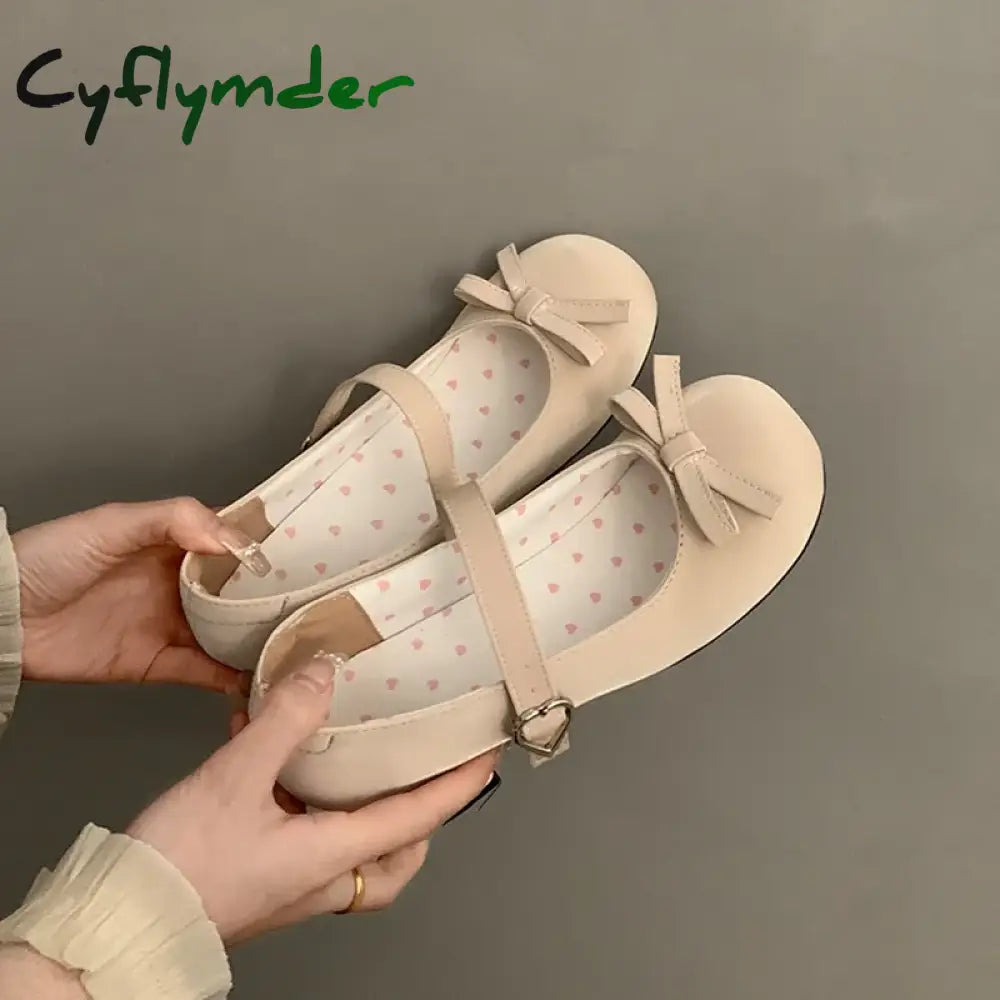 Cyflymder Autumn Women Mary Jane Shoes Fashion Butterfly-knot Ladies Comfort Round Toe Low Heel Footwear Beige / 38