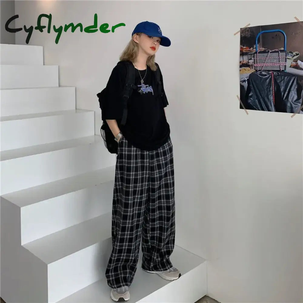 Cyflymder Autumn Women Plaid Pants Casual Oversize Loose Wide Leg Trouser Retro Teens Harajuku Black Hip Hop All Match