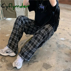 Cyflymder Autumn Women Plaid Pants Casual Oversize Loose Wide Leg Trouser Retro Teens Harajuku Black Hip Hop All Match