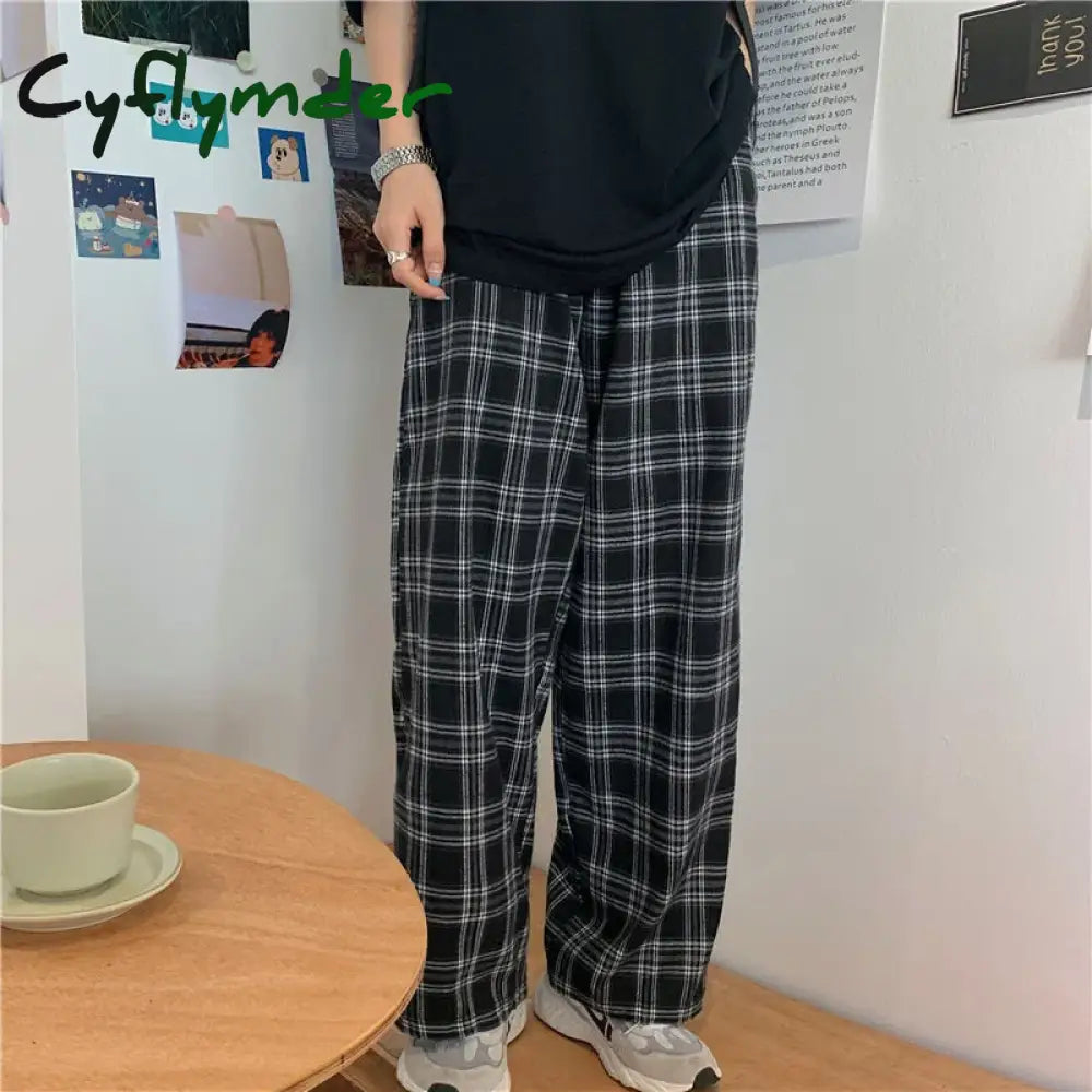 Cyflymder Autumn Women Plaid Pants Casual Oversize Loose Wide Leg Trouser Retro Teens Harajuku Black Hip Hop All Match