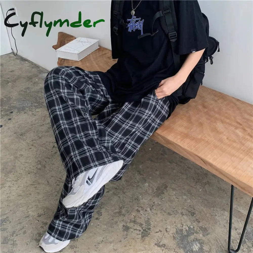 Cyflymder Autumn Women Plaid Pants Casual Oversize Loose Wide Leg Trouser Retro Teens Harajuku Black Hip Hop All Match