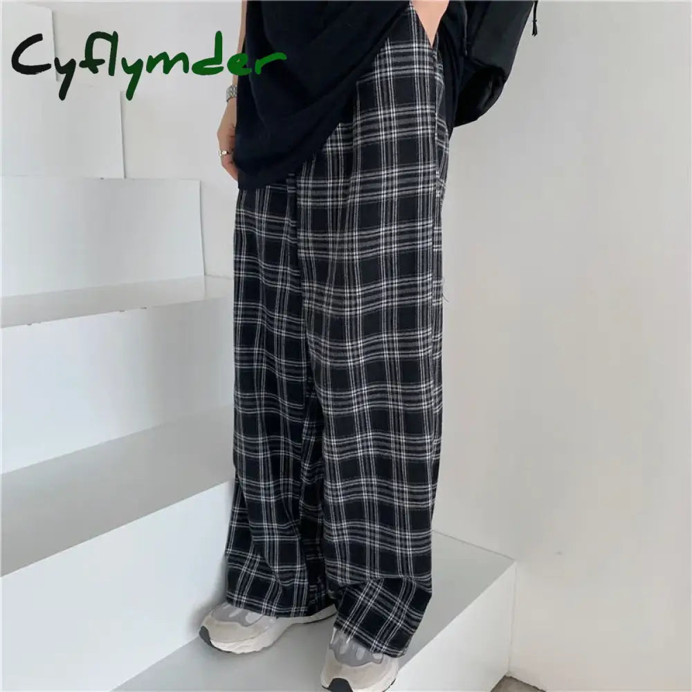 Cyflymder Autumn Women Plaid Pants Casual Oversize Loose Wide Leg Trouser Retro Teens Harajuku Black Hip Hop All Match