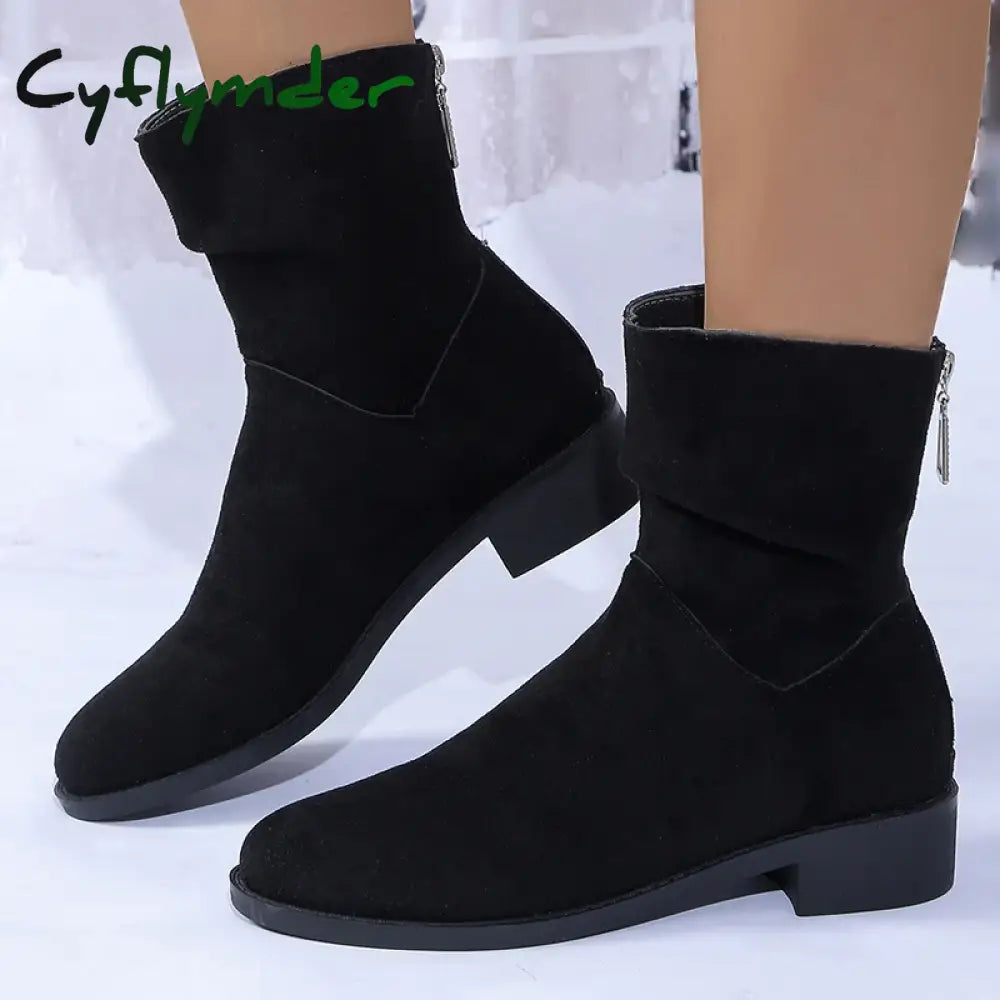 Cyflymder Autumn Womens Solid Pleated Ankle Boots Fashion Faux Suede Square Heel Boots Ladies Round Toe Back Zipper