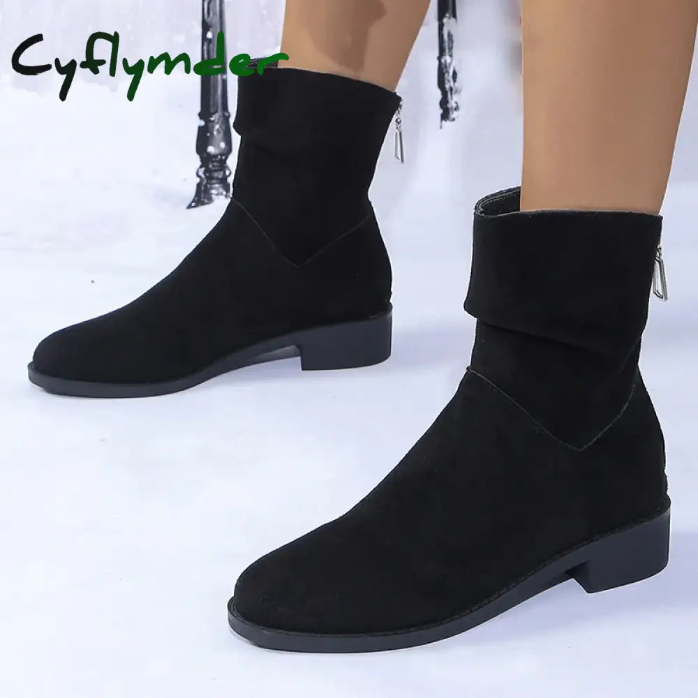 Cyflymder Autumn Womens Solid Pleated Ankle Boots Fashion Faux Suede Square Heel Boots Ladies Round Toe Back Zipper