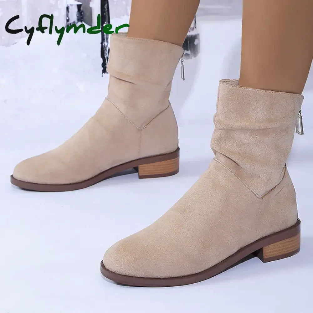 Cyflymder Autumn Womens Solid Pleated Ankle Boots Fashion Faux Suede Square Heel Boots Ladies Round Toe Back Zipper