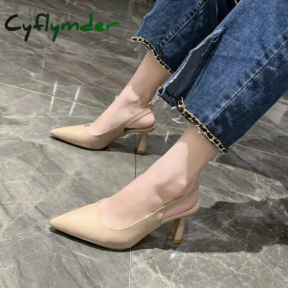 Cyflymder Back Empty Sandals High Heels Women’s Thick Heel Spring New Single Shoes Pointed Toe Black Work Shoes High