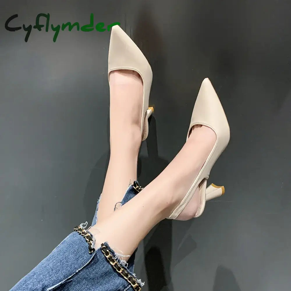 Cyflymder Back Empty Sandals High Heels Women’s Thick Heel Spring New Single Shoes Pointed Toe Black Work Shoes High