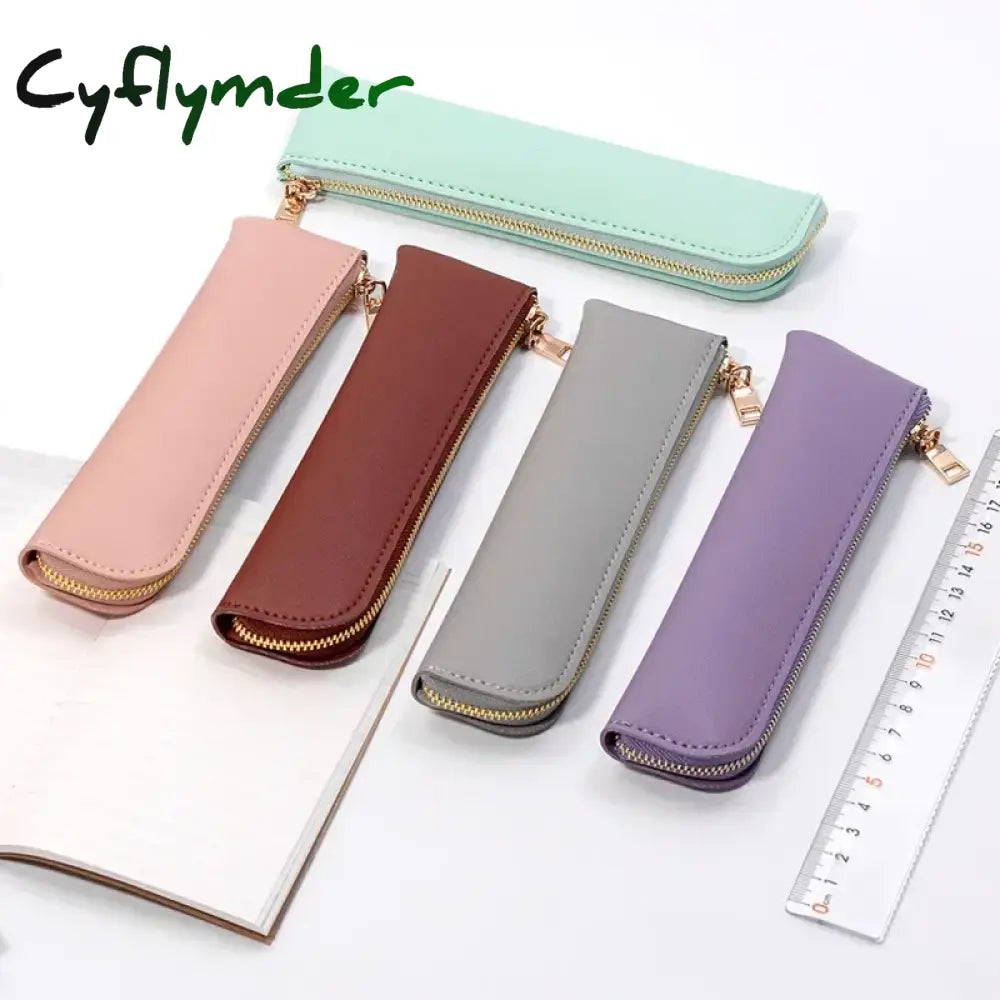 BACK TO SCHOOL 1PC PU Leather Small Pen Bag Mini Pen Sleeve Zipper Pencil Pouch Stationery Fountain Pen Holder Case Student School Supplies