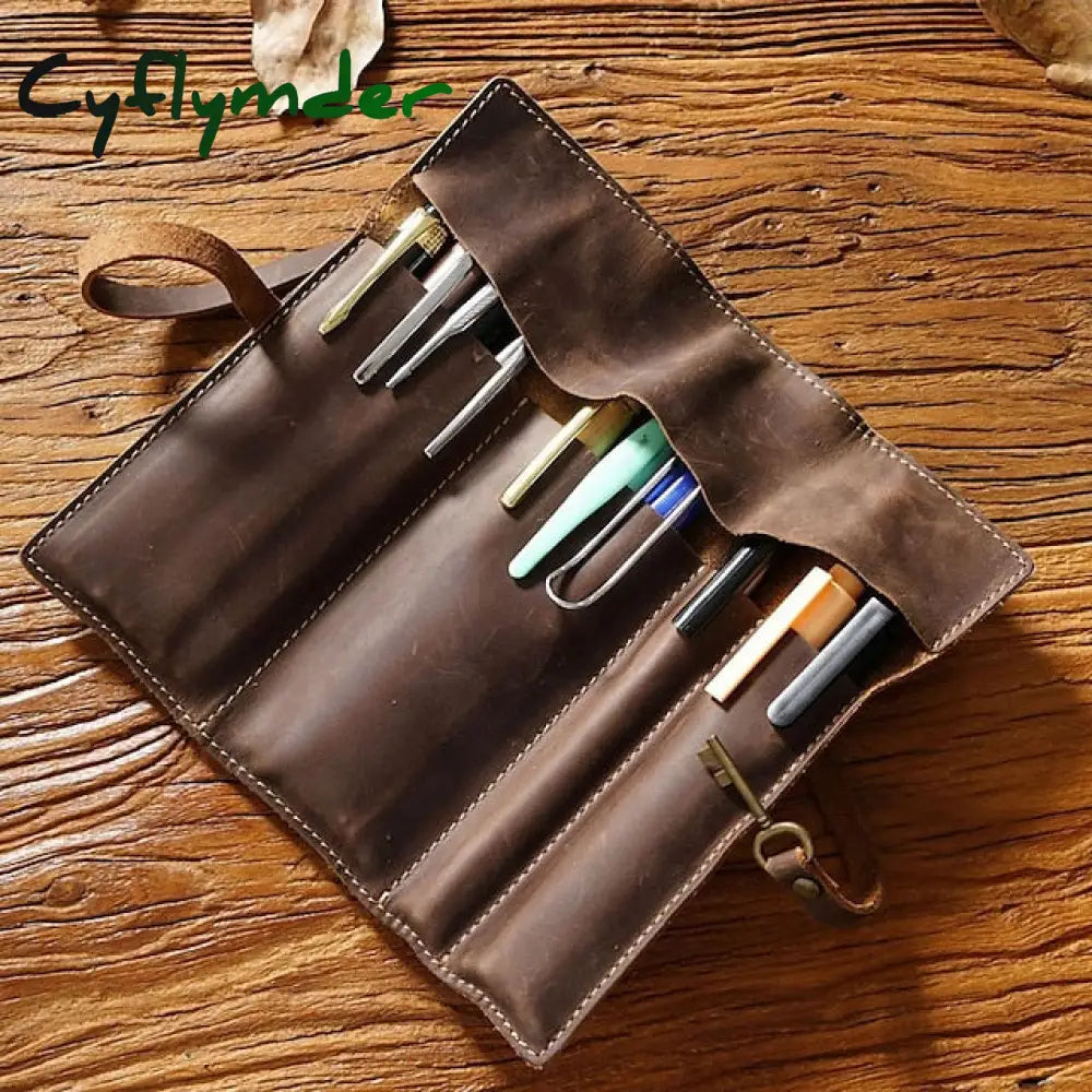 Cyflymder Back To School 1Pcs Leather Pencil Wrap Bag Handmade Pen Multi-Functional Roll Holder