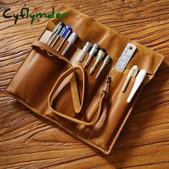 Cyflymder Back To School 1Pcs Leather Pencil Wrap Bag Handmade Pen Multi-Functional Roll Holder
