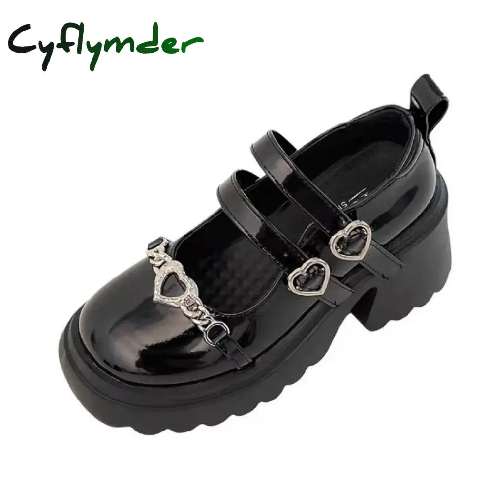 Cyflymder Back To School 2024 Sweet Heart-Shaped Buckle Lolita Shoes Women Patent Leather Platform