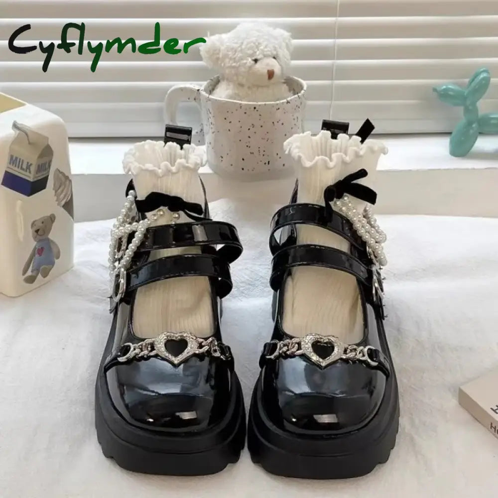Cyflymder Back To School 2024 Sweet Heart-Shaped Buckle Lolita Shoes Women Patent Leather Platform