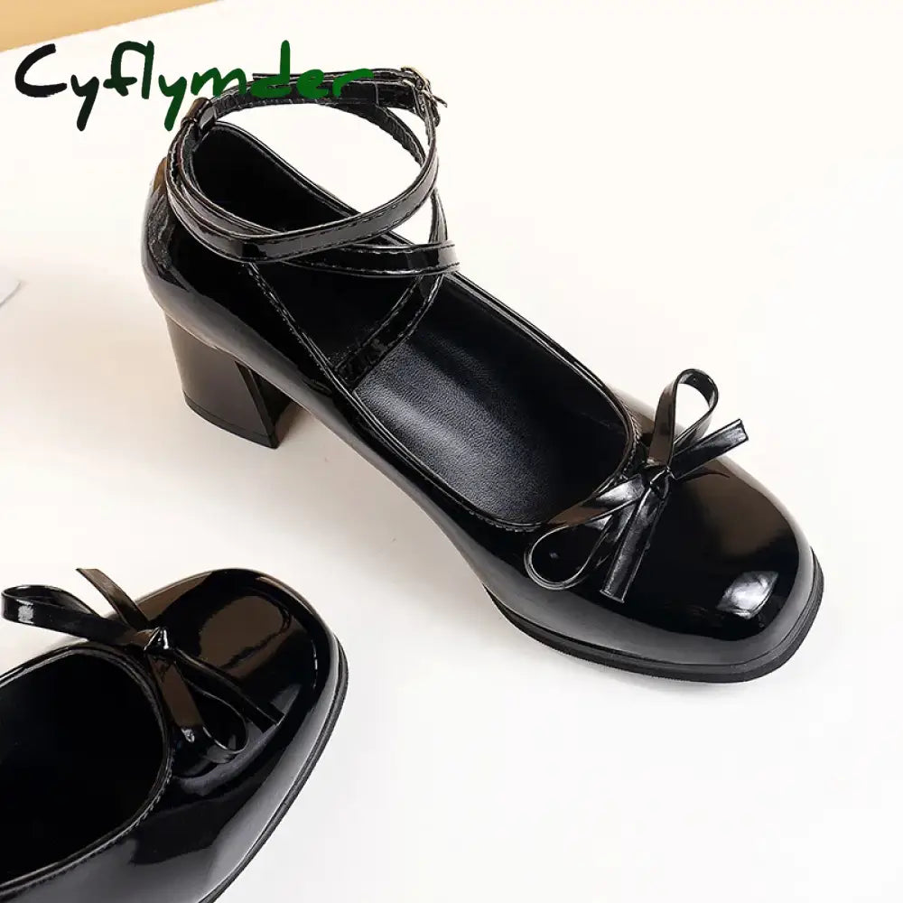Cyflymder Back To School Black Mary Jane Women Pumps Thick High Heels Shoes Female Lolita Square