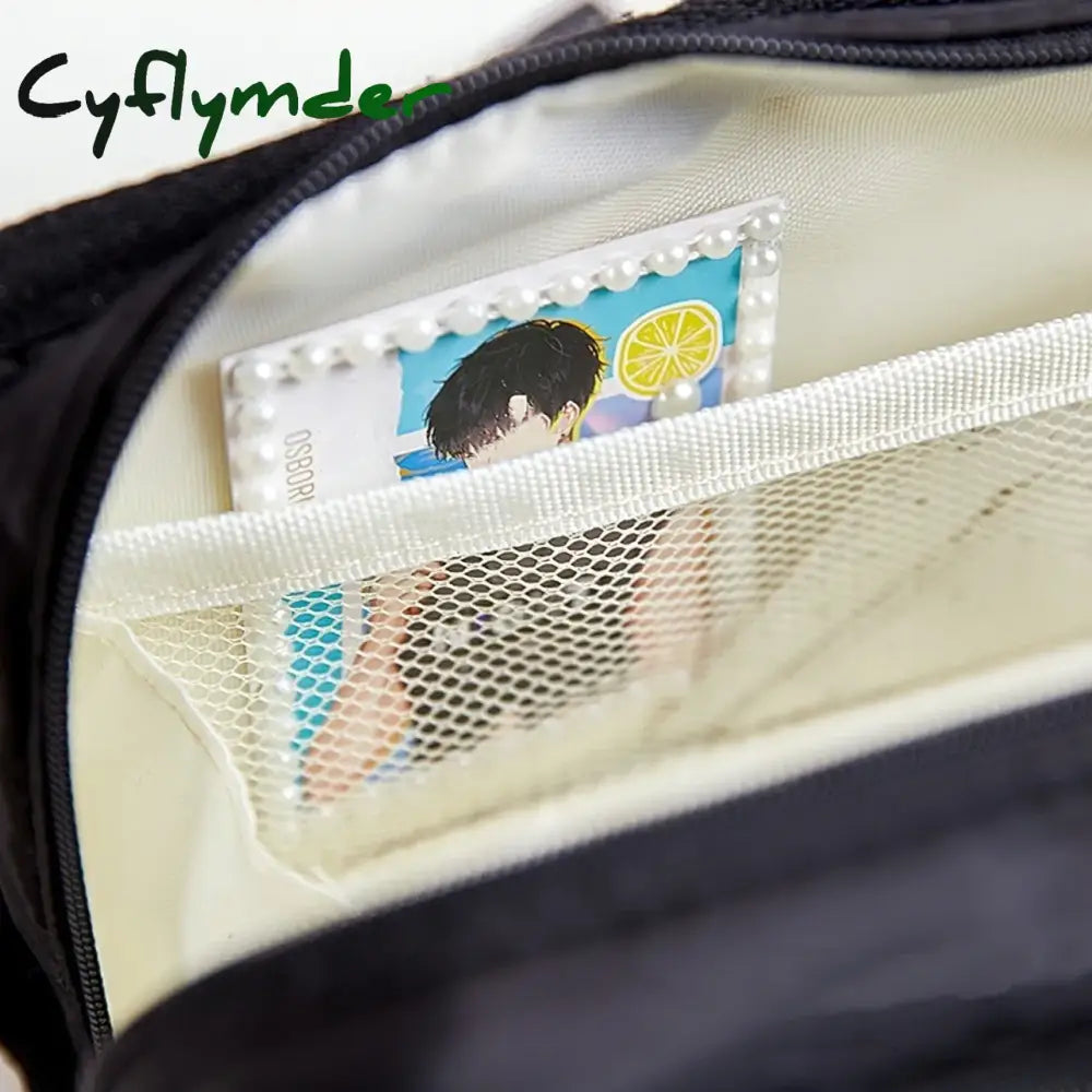 Cyflymder Back To School Black & White Pencil Bag Pen Case Transparent Front Belt Buckle Multi