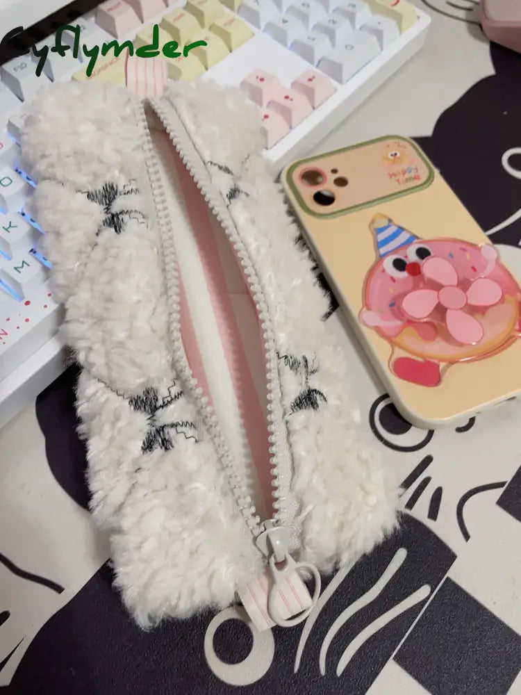 Cyflymder Back To School Bow Embroidery Lamb Brush Bag For Girls Stationery Storage Gift Makeup