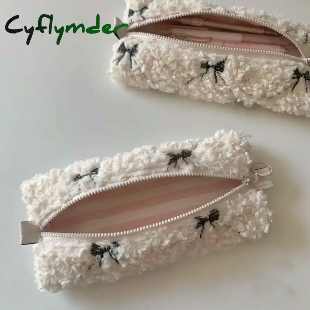 BACK TO SCHOOL Bow Embroidery Lamb Brush Bag for Girls Stationery Storage Bag for Girls Gift Makeup Bag  Pencil Case Korean Stationery Kawaii