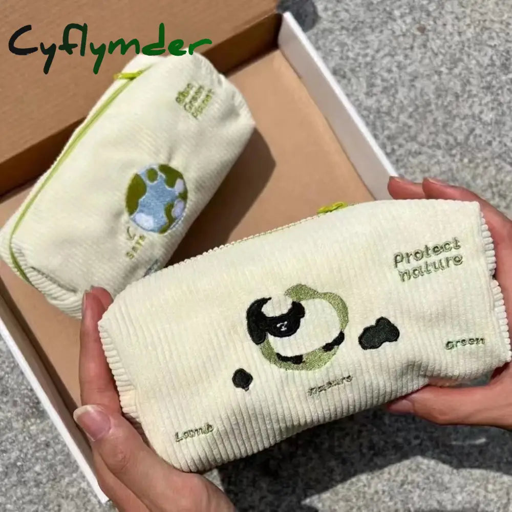 Cyflymder Back To School Cartoon Cute Sheep Earth Canvas Pencil Case Kawaii Portable Student