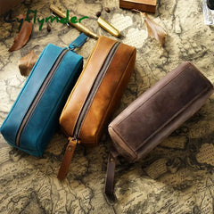 Cyflymder Back To School First Layer Cowhide Pencil Bag Square Retro Crazy Horse Leather Zipper