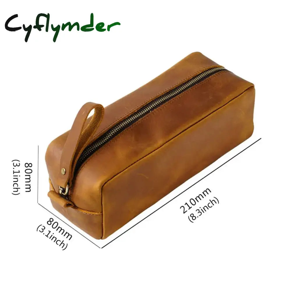 Cyflymder Back To School First Layer Cowhide Pencil Bag Square Retro Crazy Horse Leather Zipper