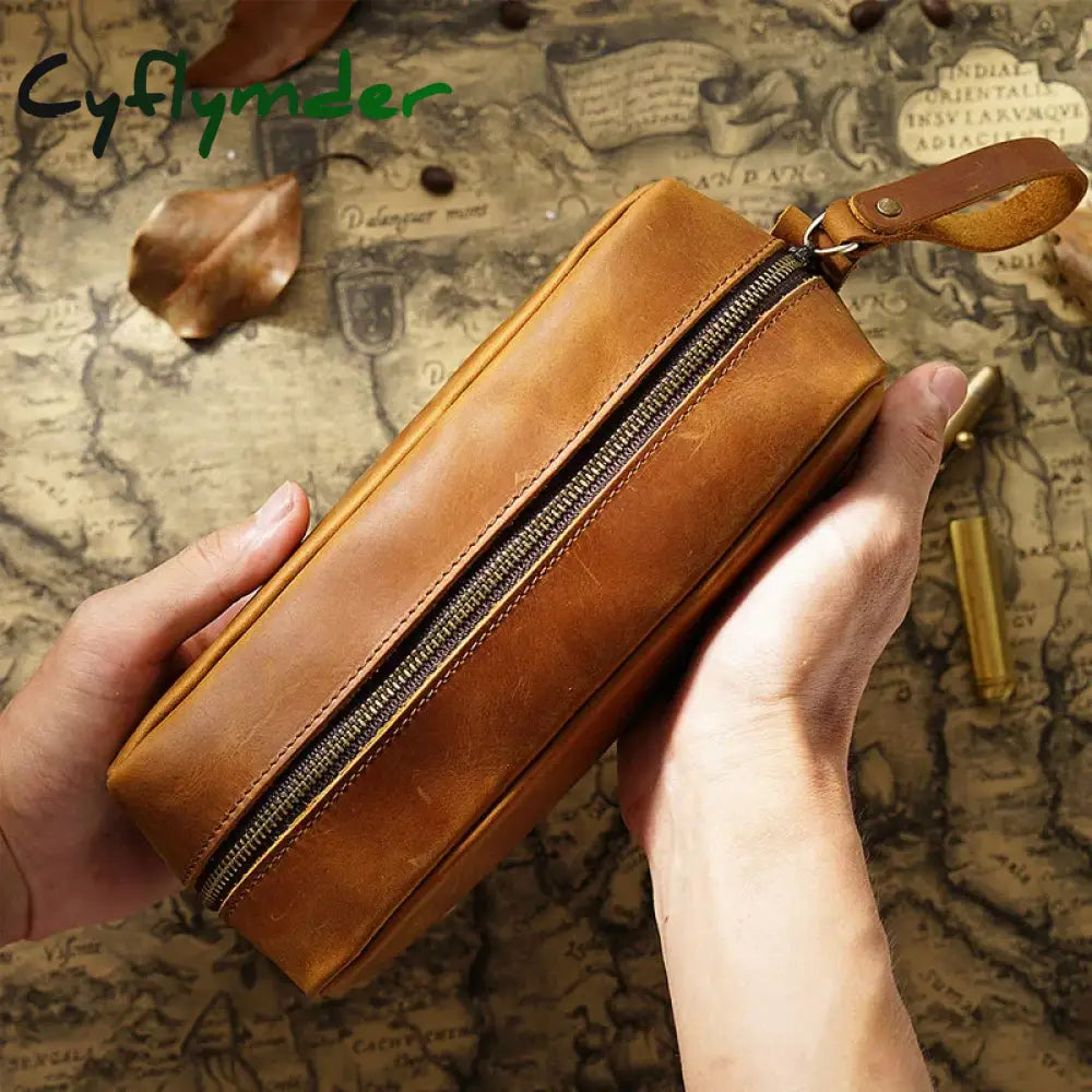 Cyflymder Back To School First Layer Cowhide Pencil Bag Square Retro Crazy Horse Leather Zipper