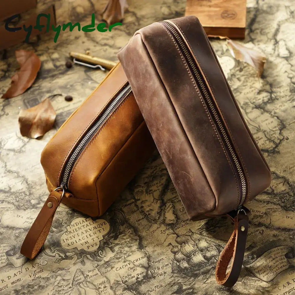 First Layer Cowhide Pencil Bag Square Retro Crazy Horse Leather Zipper Simple Large-capacity Pencil Case Stationery Bag