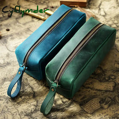 Cyflymder Back To School First Layer Cowhide Pencil Bag Square Retro Crazy Horse Leather Zipper