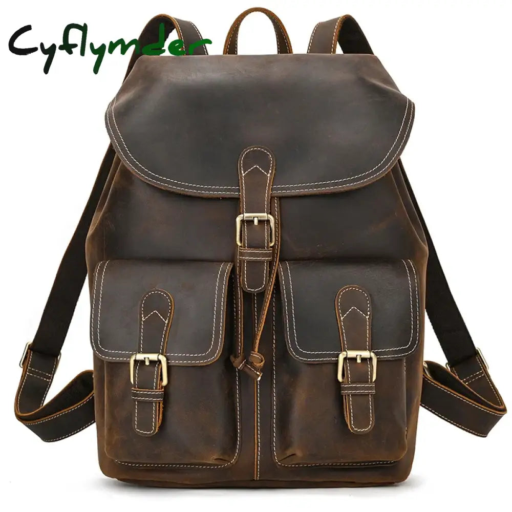 Cyflymder Back To School Genuine Leather Backpack Men Vintage Crazy Horse Bucket Daypack Large