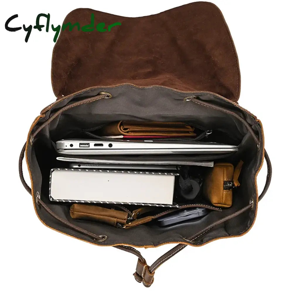 Cyflymder Back To School Genuine Leather Backpack Men Vintage Crazy Horse Bucket Daypack Large