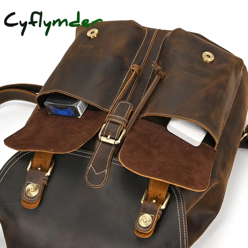 Cyflymder Back To School Genuine Leather Backpack Men Vintage Crazy Horse Bucket Daypack Large