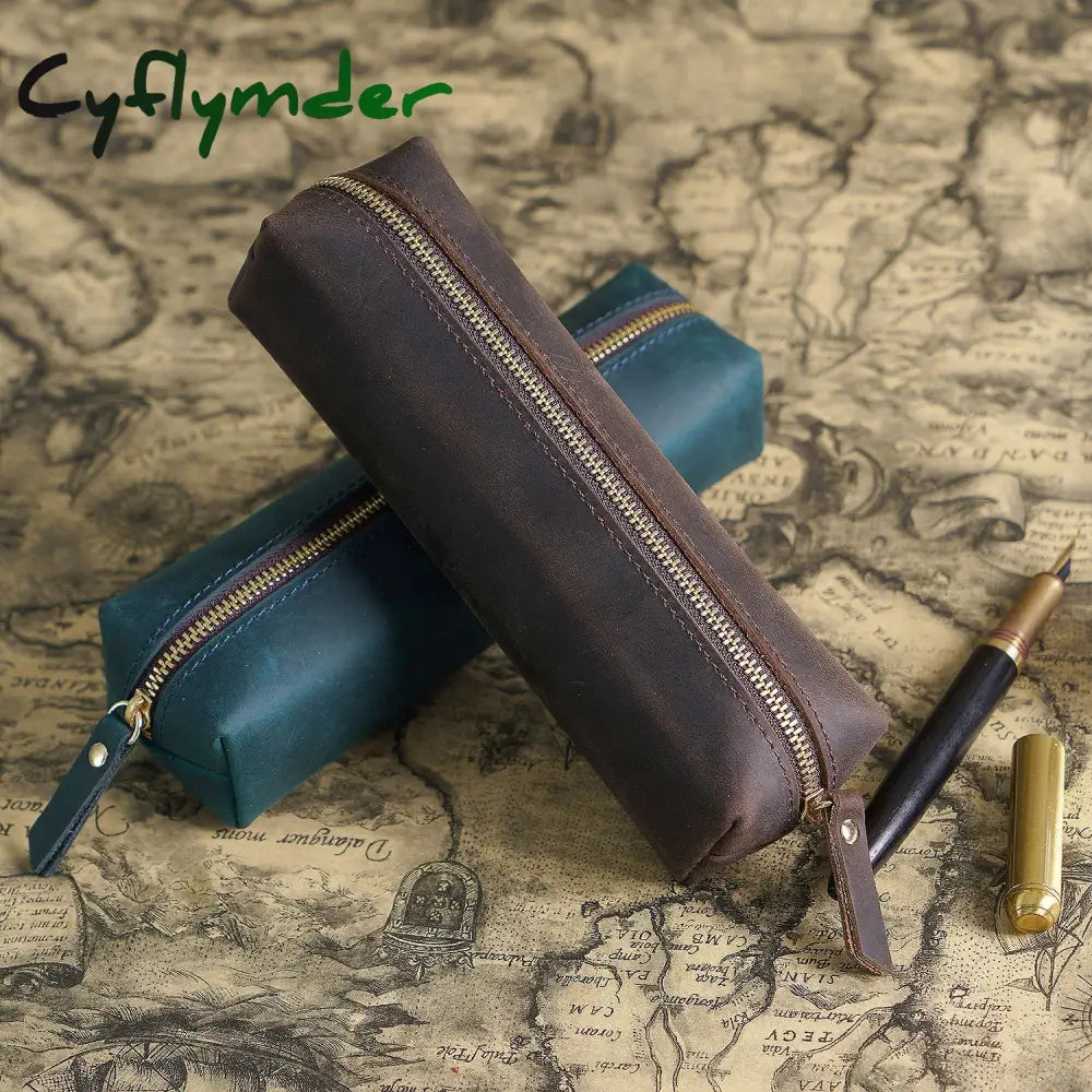 Cyflymder Back To School Genuine Leather Cosmetic Bag Men Women Makeup Portable Wash Shower Case