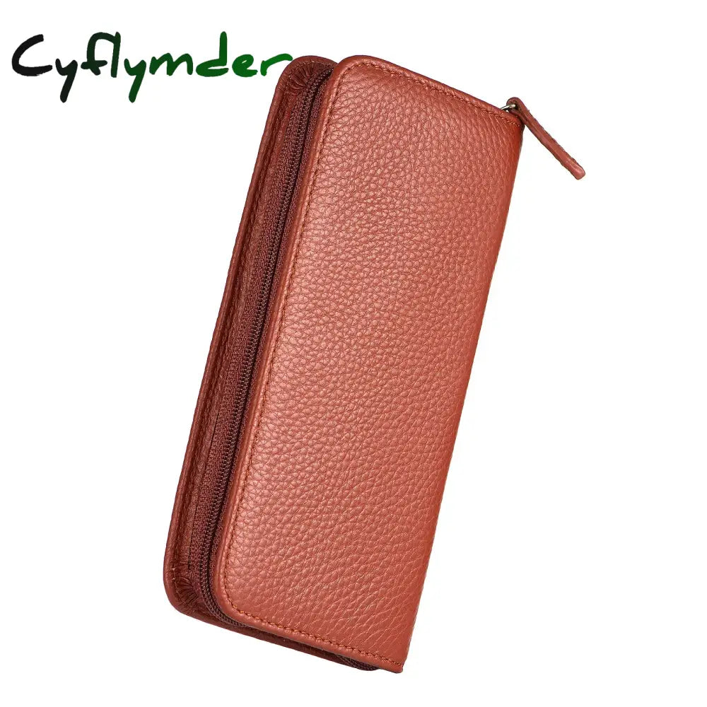 Cyflymder Back To School Genuine Leather Fountain Pen Case 3 Divided Slots Zippered Pouch Handmade