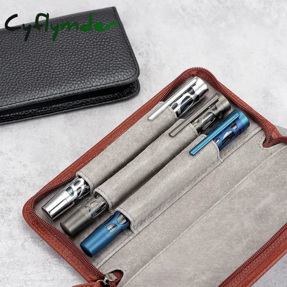 Cyflymder Back To School Genuine Leather Fountain Pen Case 3 Divided Slots Zippered Pouch Handmade