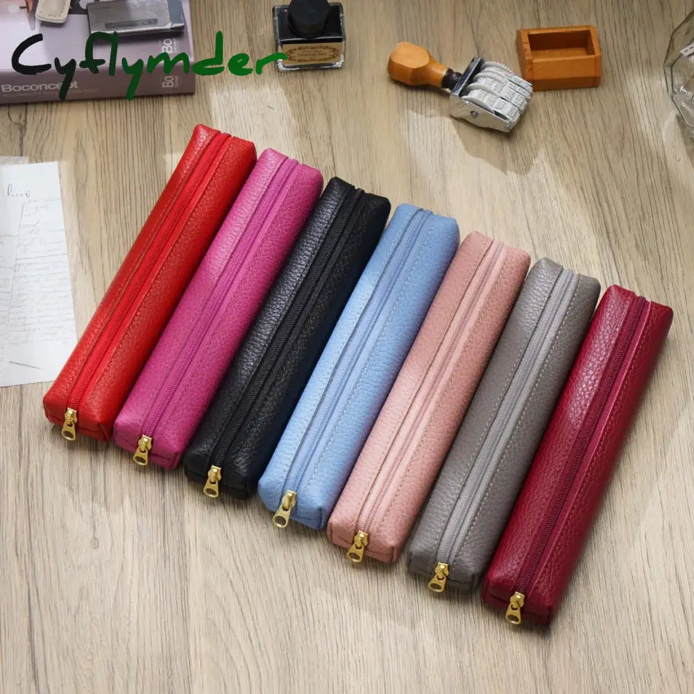 Cyflymder Back To School Genuine Leather Simple Pen Case For School Students Stationery Storage Box