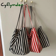 Korean Version Of Retro Literary Handbag Simple Fresh Striped Shoulder Bag Fashion Large Capacity Shopping Bag