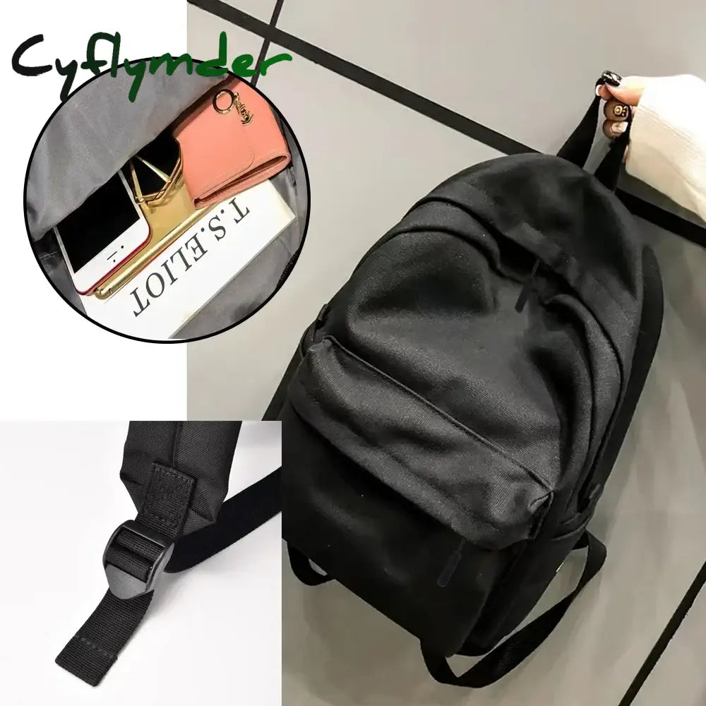 Cyflymder Back To School Large Capacity Canvas Black Backpack Light Simple Travel Bag Student
