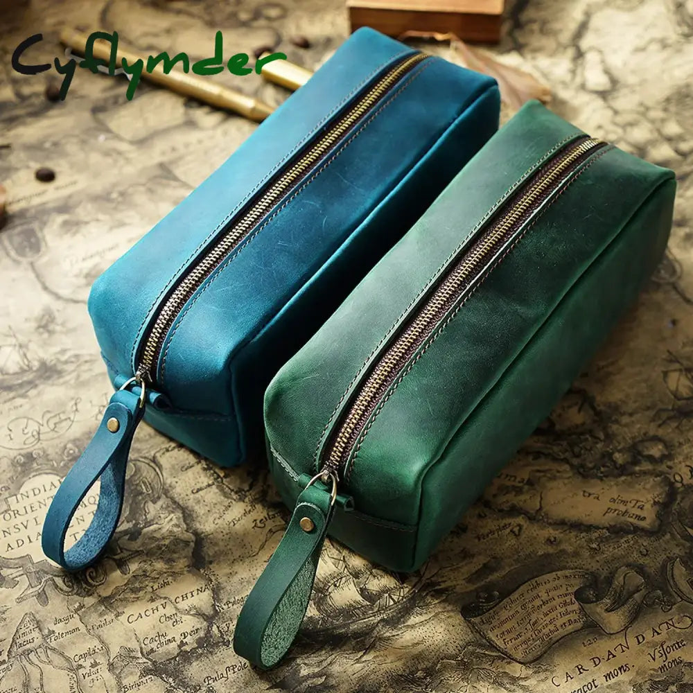 Cyflymder Back To School Large Capacity Pencil Case Genuine Leather Pen Pouch Zipper Cowhide School