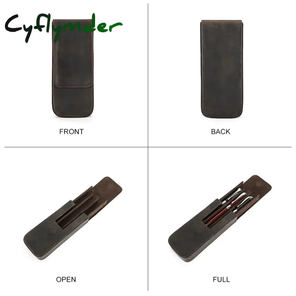Cyflymder Back To School Luxury Genuine Leather 3 Slots Pen Case With Removable Tray Holder Pencil