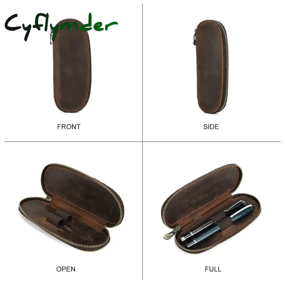 Cyflymder Back To School Luxury Leather Pencil Case Zipper Retro Fountain Pen Pouch Bag For Ofiice