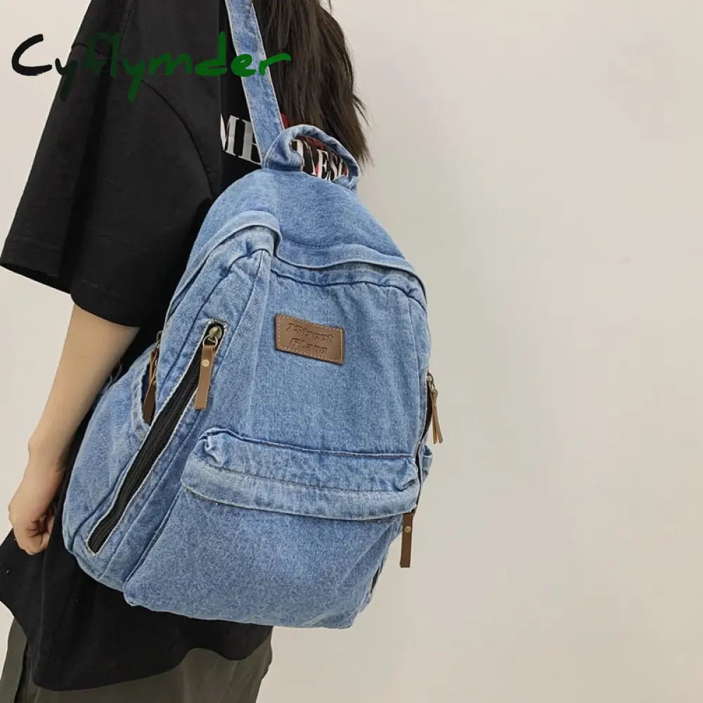 Cyflymder Back To School Multi Pocket Fashion Denim Women Backpack Male Female Laptop College