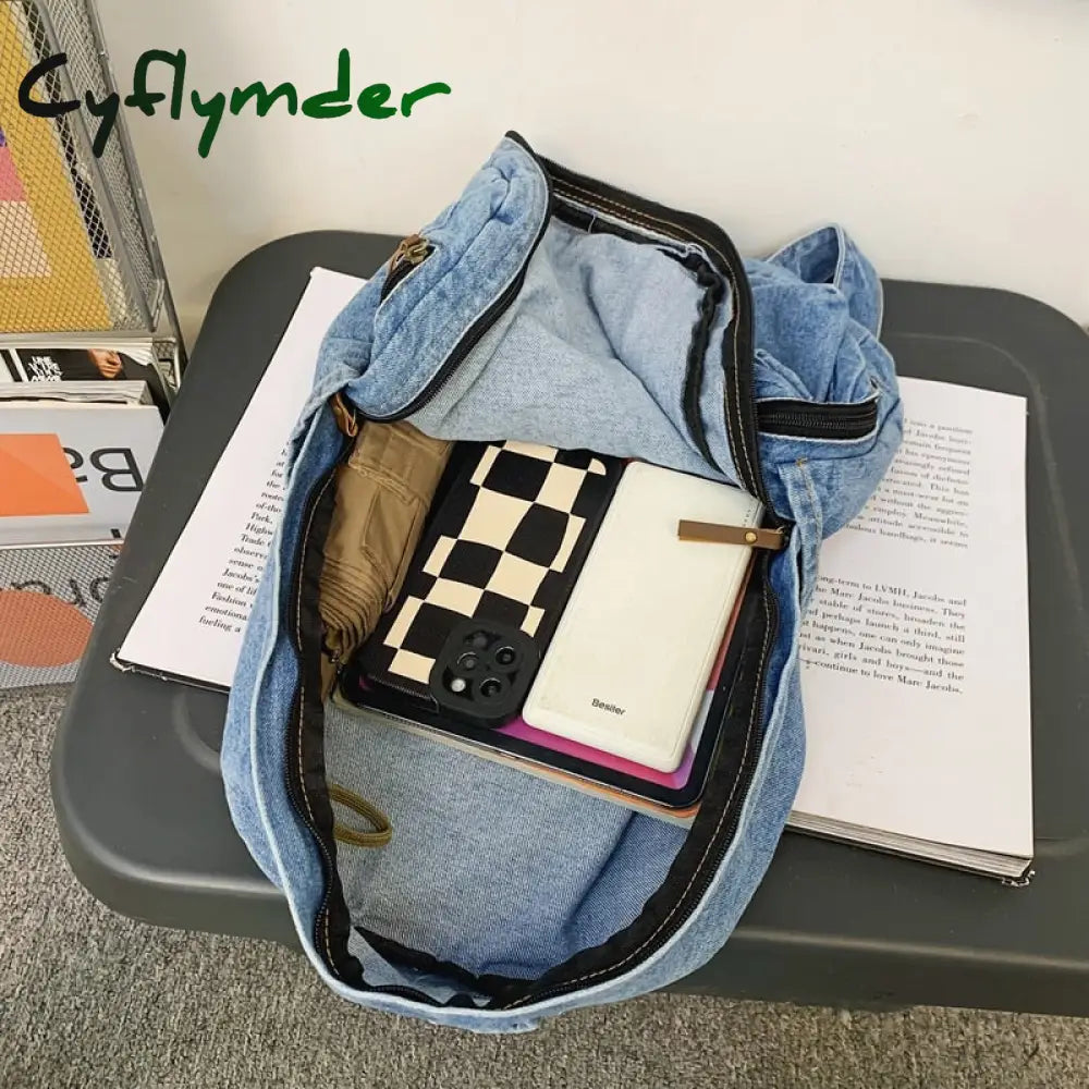 Cyflymder Back To School Multi Pocket Fashion Denim Women Backpack Male Female Laptop College