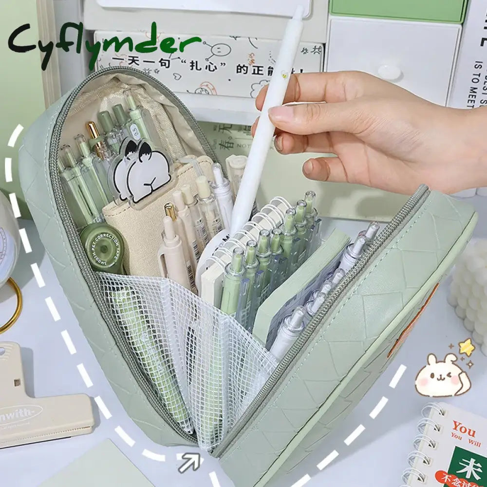 Cyflymder Back To School Pu Pencil Case Extra Large Capacity Bag Portable Pen Box Multi-Layer Pouch