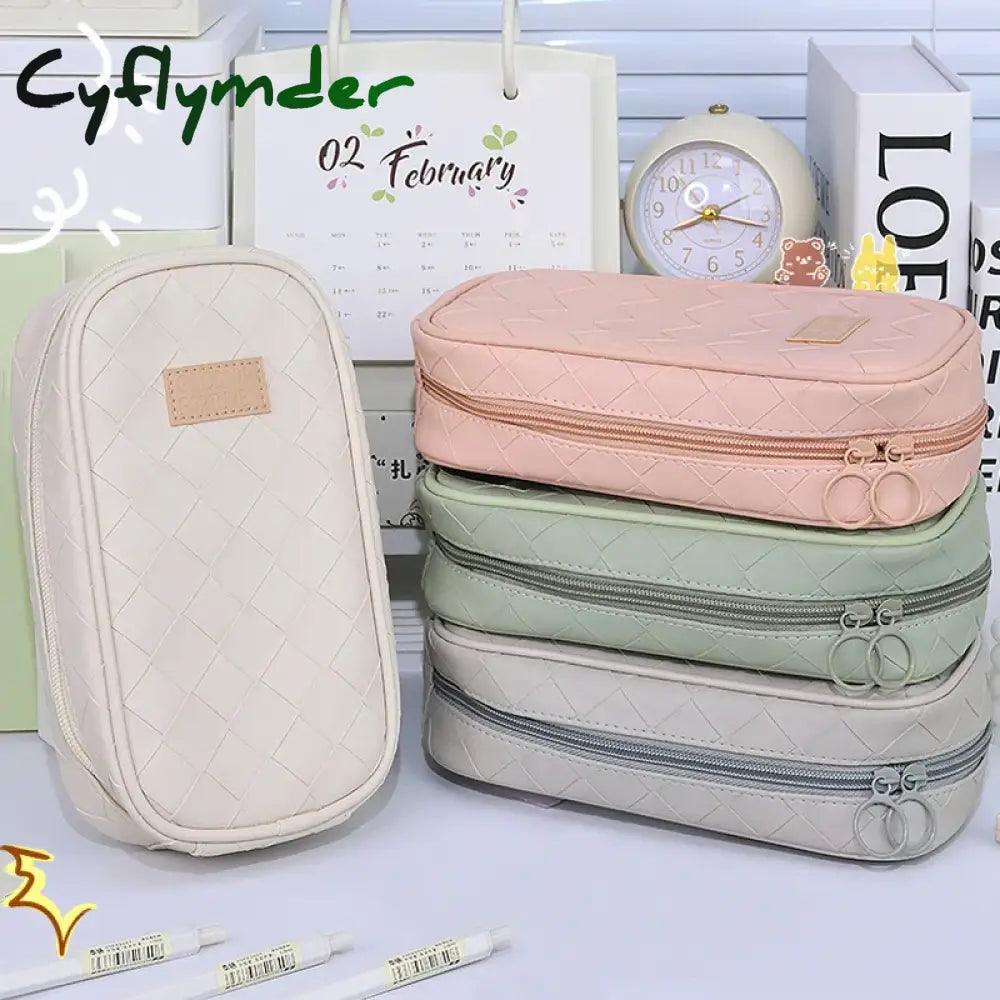 Cyflymder Back To School Pu Pencil Case Extra Large Capacity Bag Portable Pen Box Multi-Layer Pouch