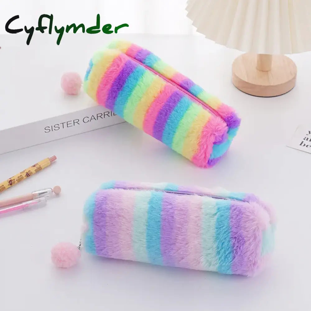 Cyflymder Back To School Rainbow Pencil Case Plush Estuches Escolares Pencilcase Gradient Color