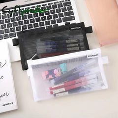 Cyflymder Back To School Simple Transparent Mesh Pencil Case Storage Student Bag Large Capacity